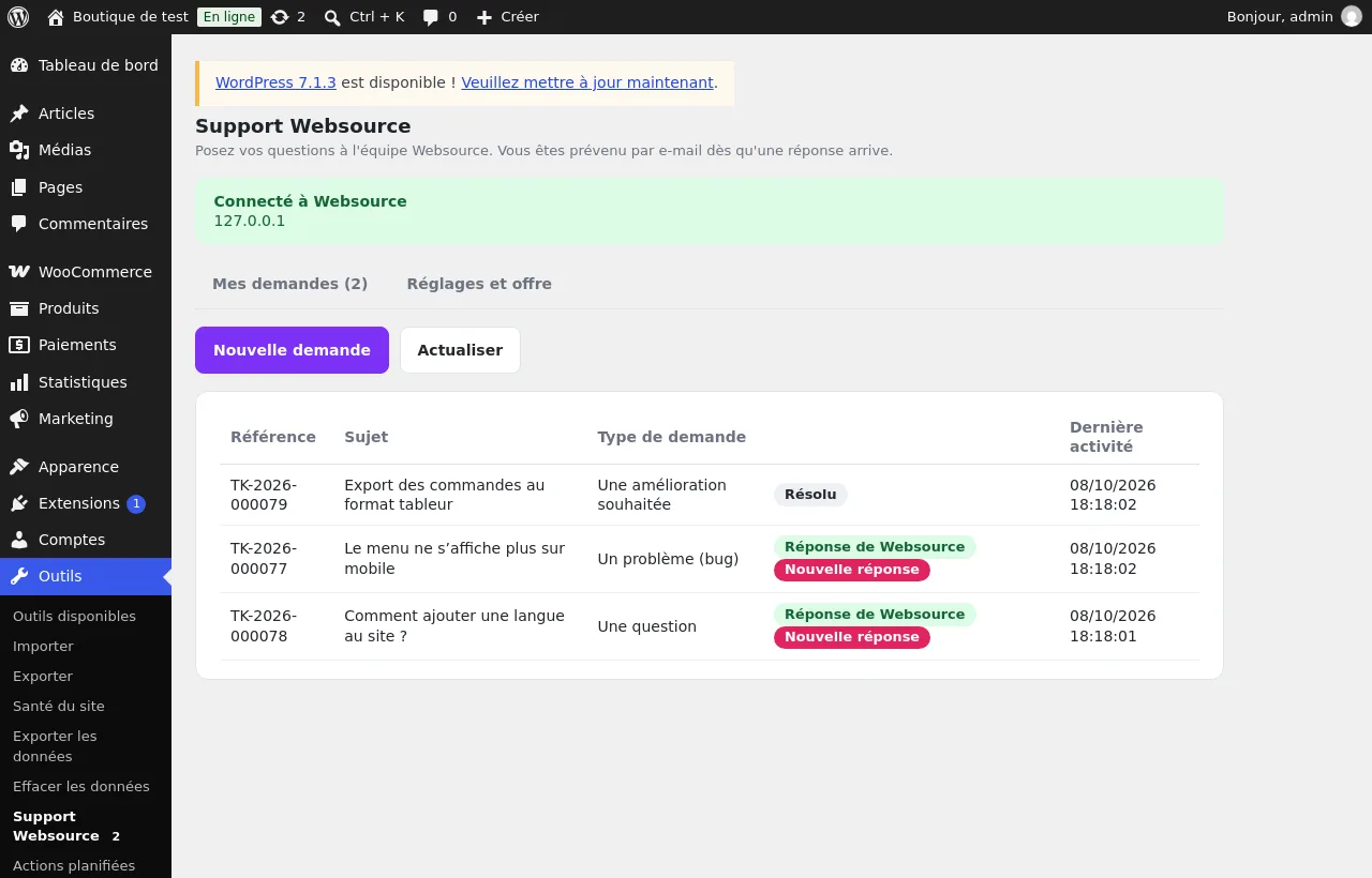 Liste des demandes dans Outils > Support Websource