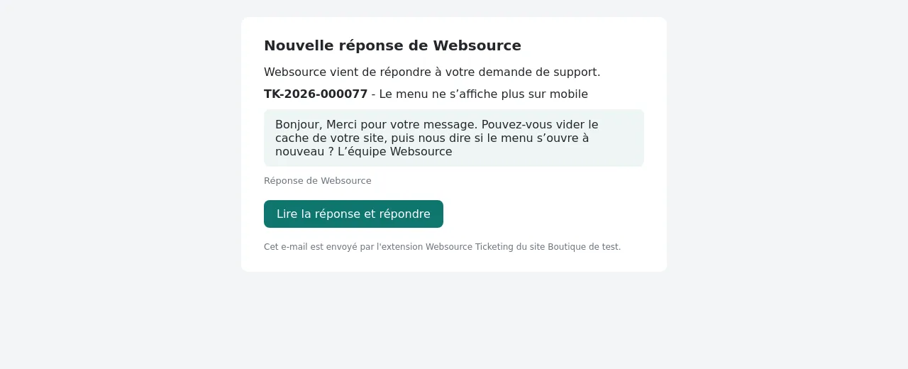 E-mail Nouvelle réponse de Websource