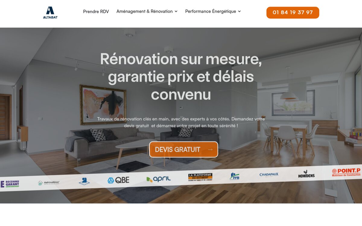 Page d'accueil du site altabat.fr, entreprise de rénovation d'Île-de-France, réalisé sous Webflow par Websource