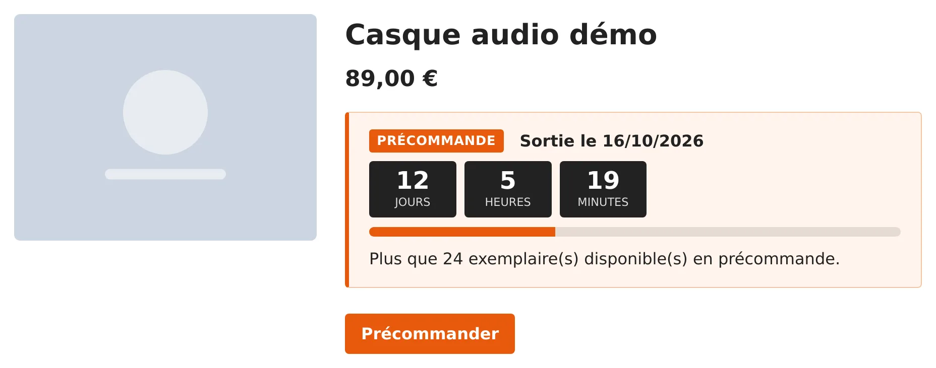 Fiche produit de démonstration avec le bloc de précommande Drupal : badge, date de sortie, compte à rebours, barre de progression et quantité restante.