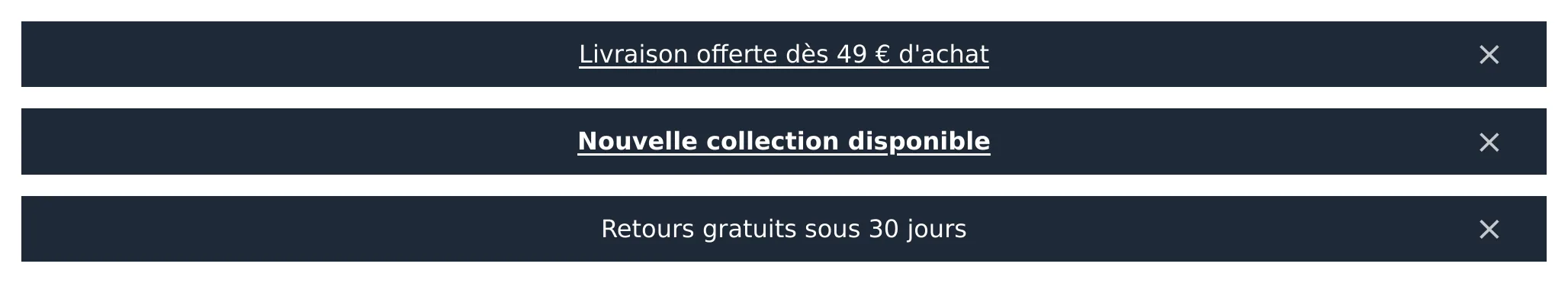 Bandeau d'annonce de Joomla ou Drupal en bleu nuit, avec un message centré (texte en lien souligné, texte en gras, texte simple) et une croix de fermeture à droite.