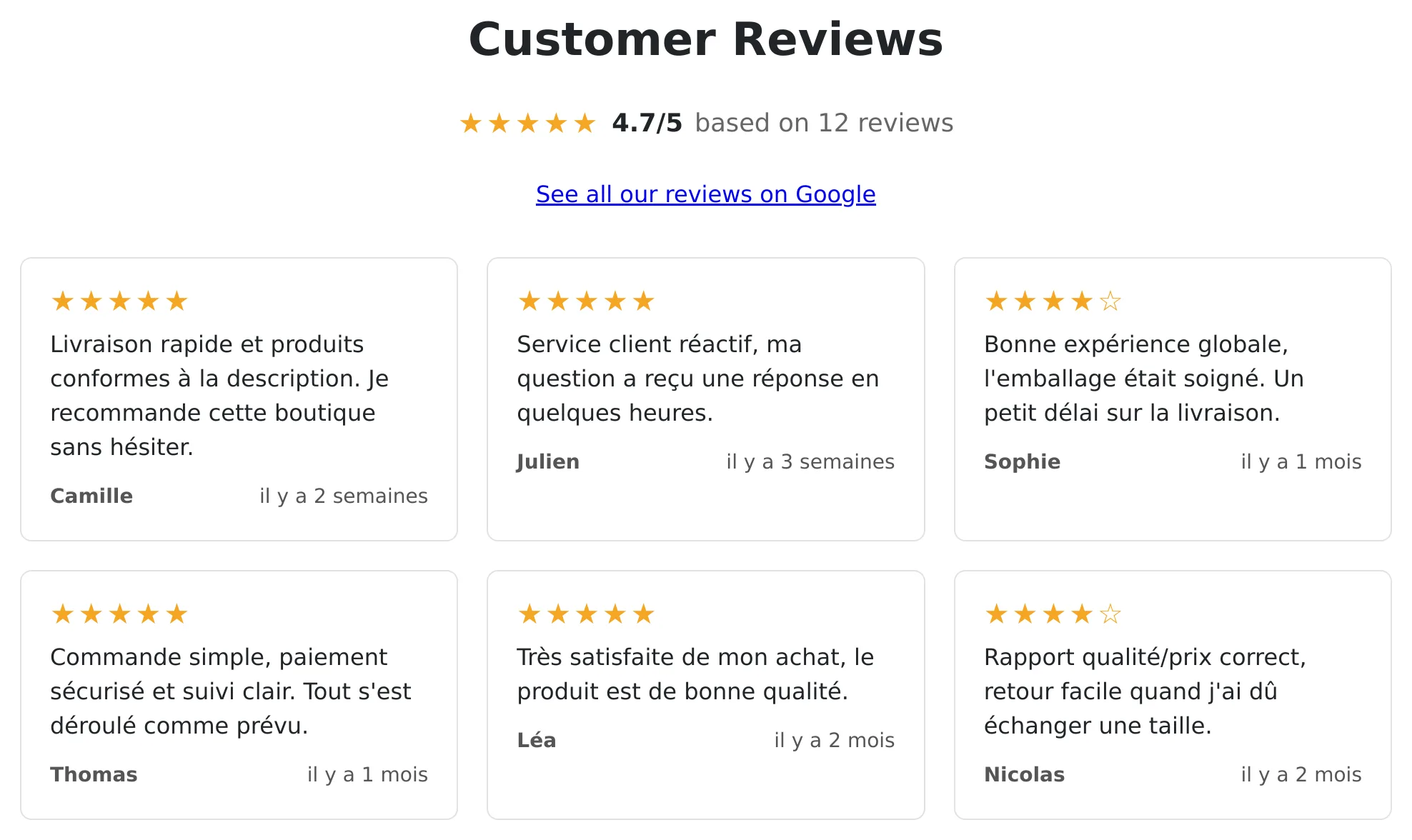 Page Customer Reviews du composant Joomla : note agrégée, lien vers Google et grille de cartes d'avis de démonstration.