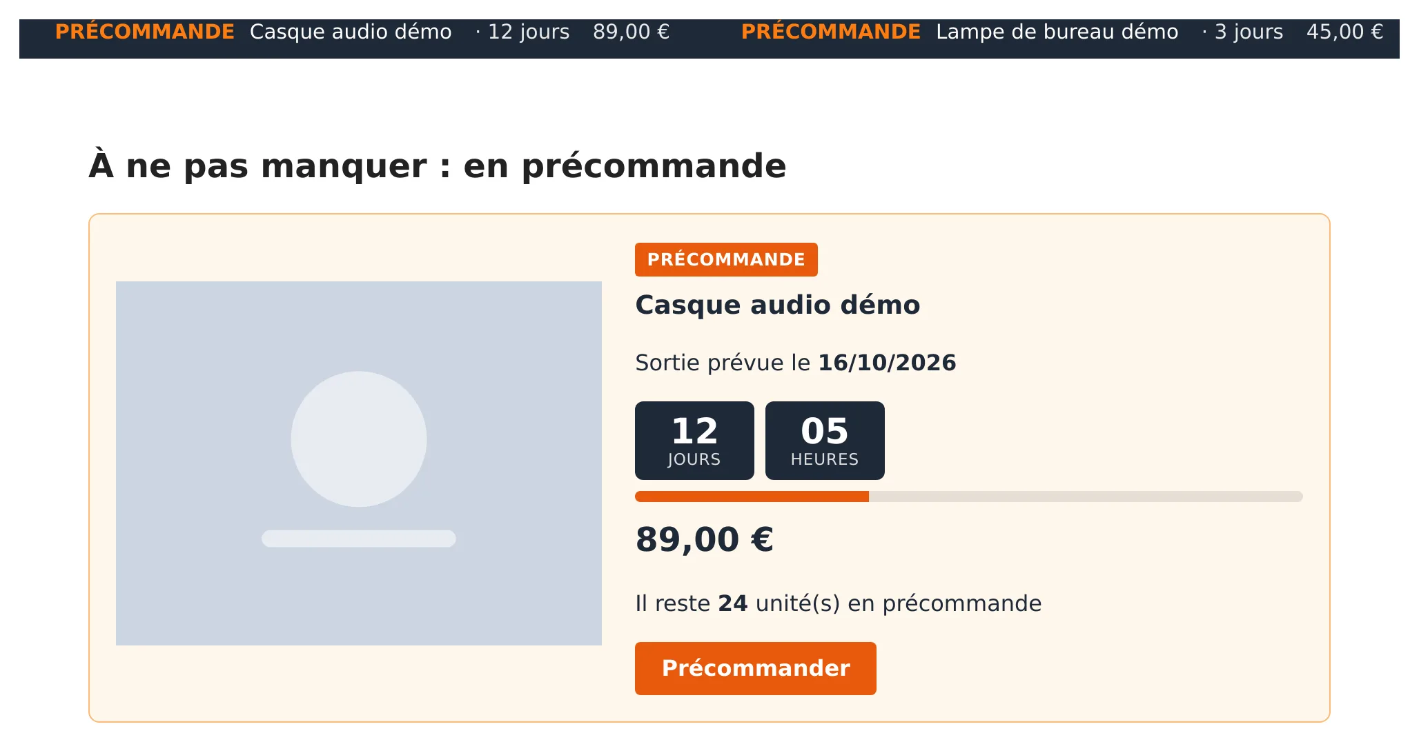 Bandeau défilant des précommandes avec jours restants et prix, au-dessus d'un bloc produit à la une avec compte à rebours.