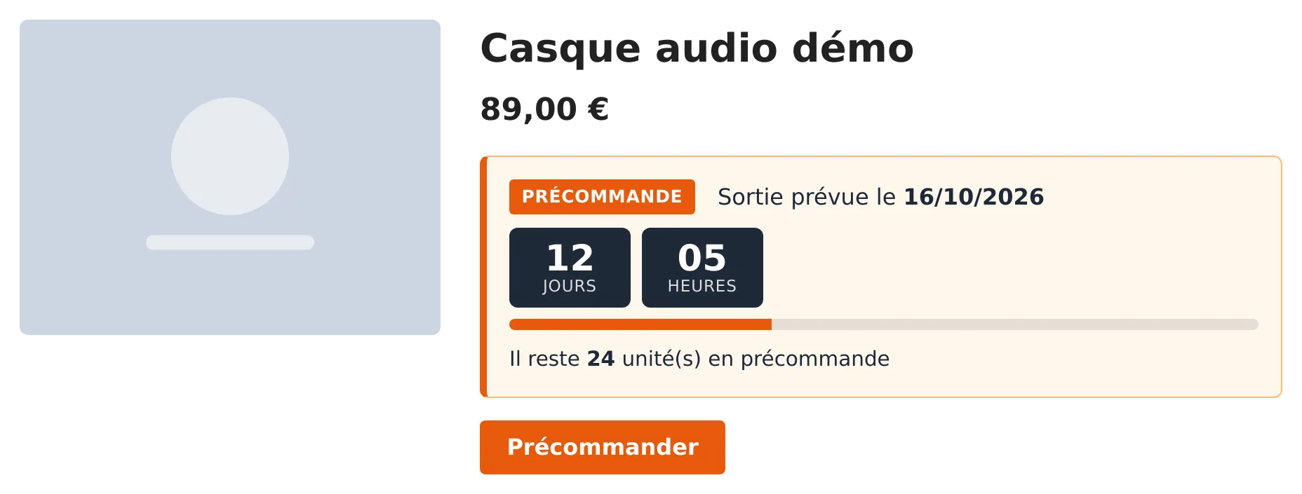 Fiche produit de démonstration avec le bloc de précommande Joomla : badge, date de sortie, compte à rebours, barre de progression et quantité restante.