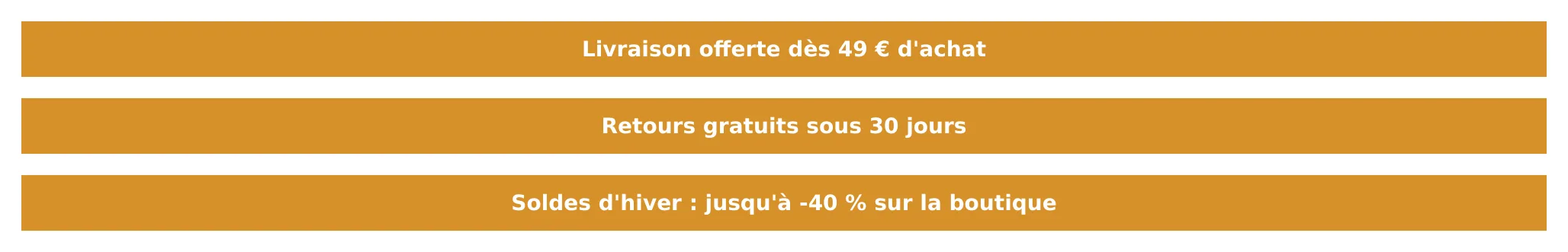 Trois exemples de bandeau orange affiché en haut d'une boutique PrestaShop, chacun avec un message d'annonce en gras centré (livraison offerte, retours gratuits, soldes).