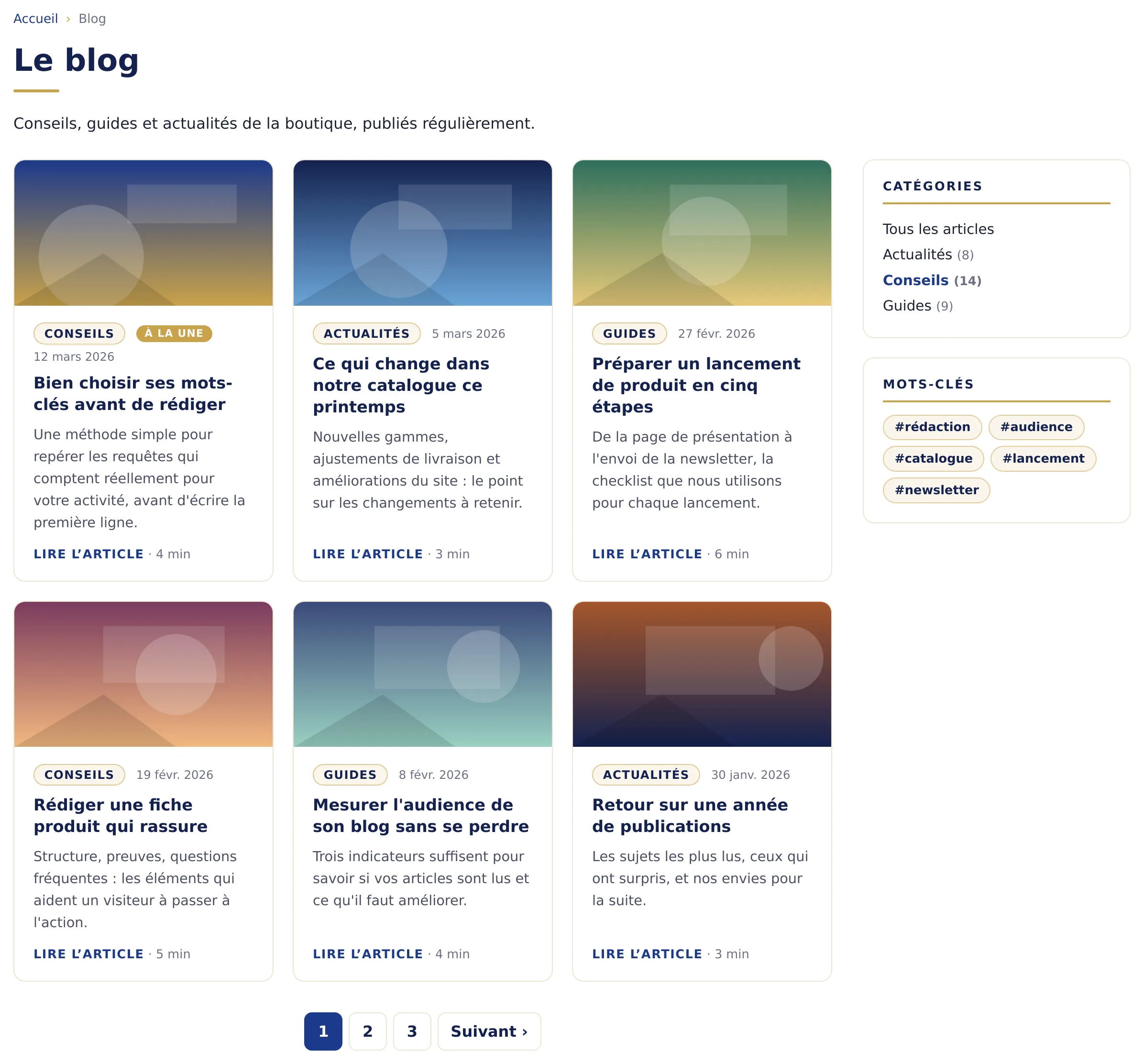 Page d'accueil du blog avec fil d'Ariane, titre, grille de six cartes d'articles (image, catégorie, date, titre, extrait, temps de lecture), pagination et colonne latérale de catégories et de mots-clés.