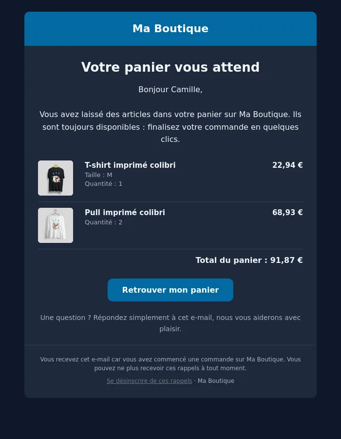 E-mail de relance en mode sombre