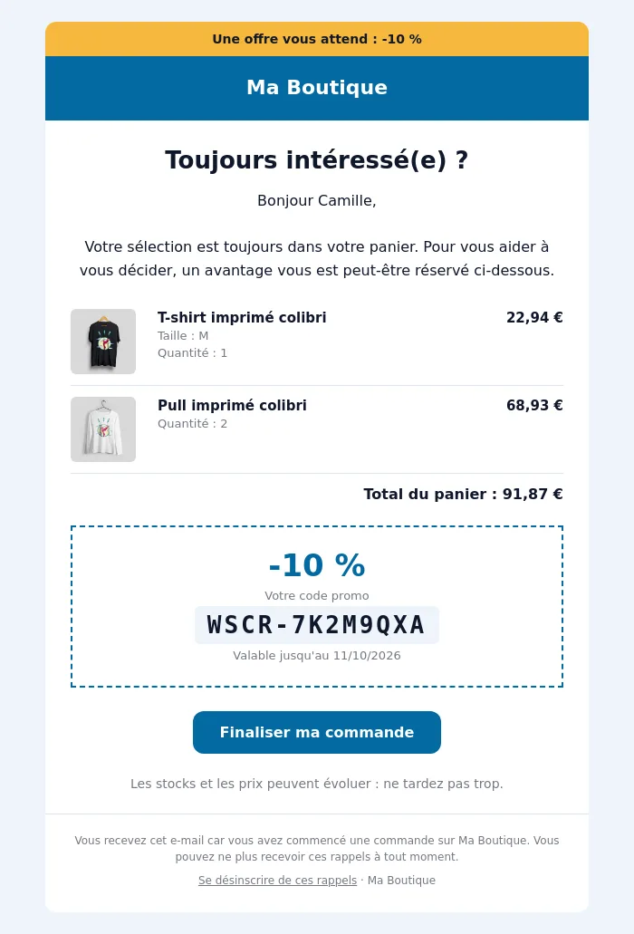 E-mail de relance avec code promo