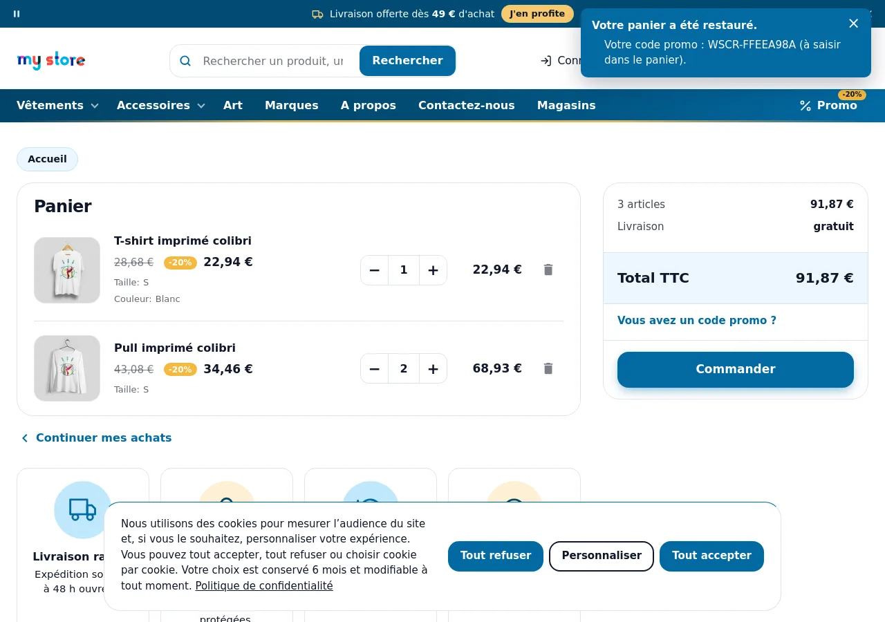 Panier restauré après un clic sur le lien