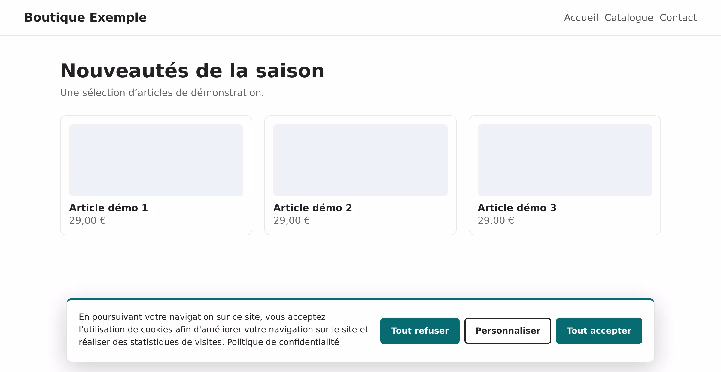 Bandeau de consentement aux cookies en bas d'une page de boutique de démonstration, avec les boutons Tout refuser, Personnaliser et Tout accepter.