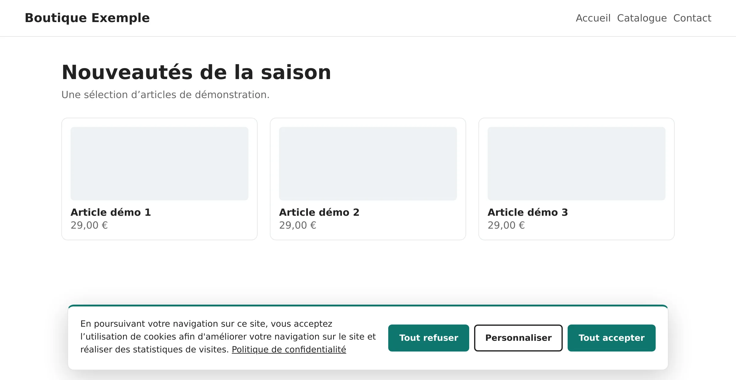 Bandeau de consentement aux cookies en bas d'une page de boutique de démonstration, avec les boutons Tout refuser, Personnaliser et Tout accepter.
