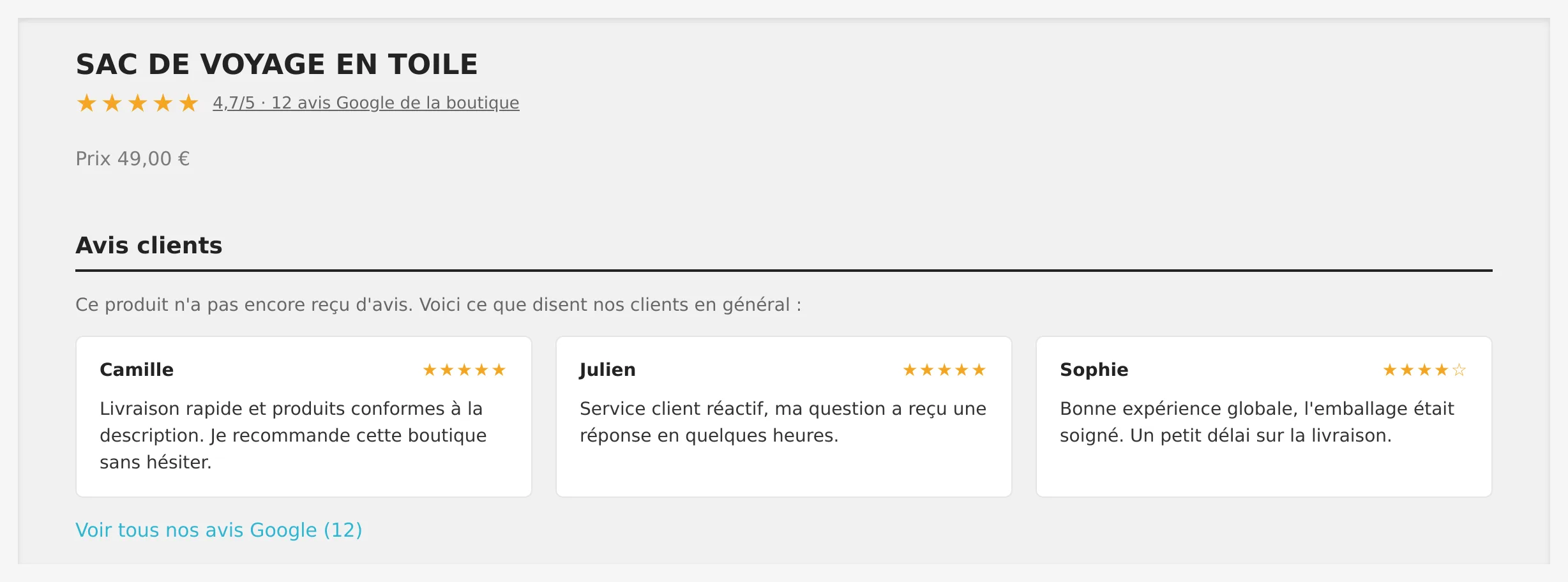 Fiche produit PrestaShop sans avis propre : badge de note de la boutique sous le titre et encart d'avis clients de la boutique.