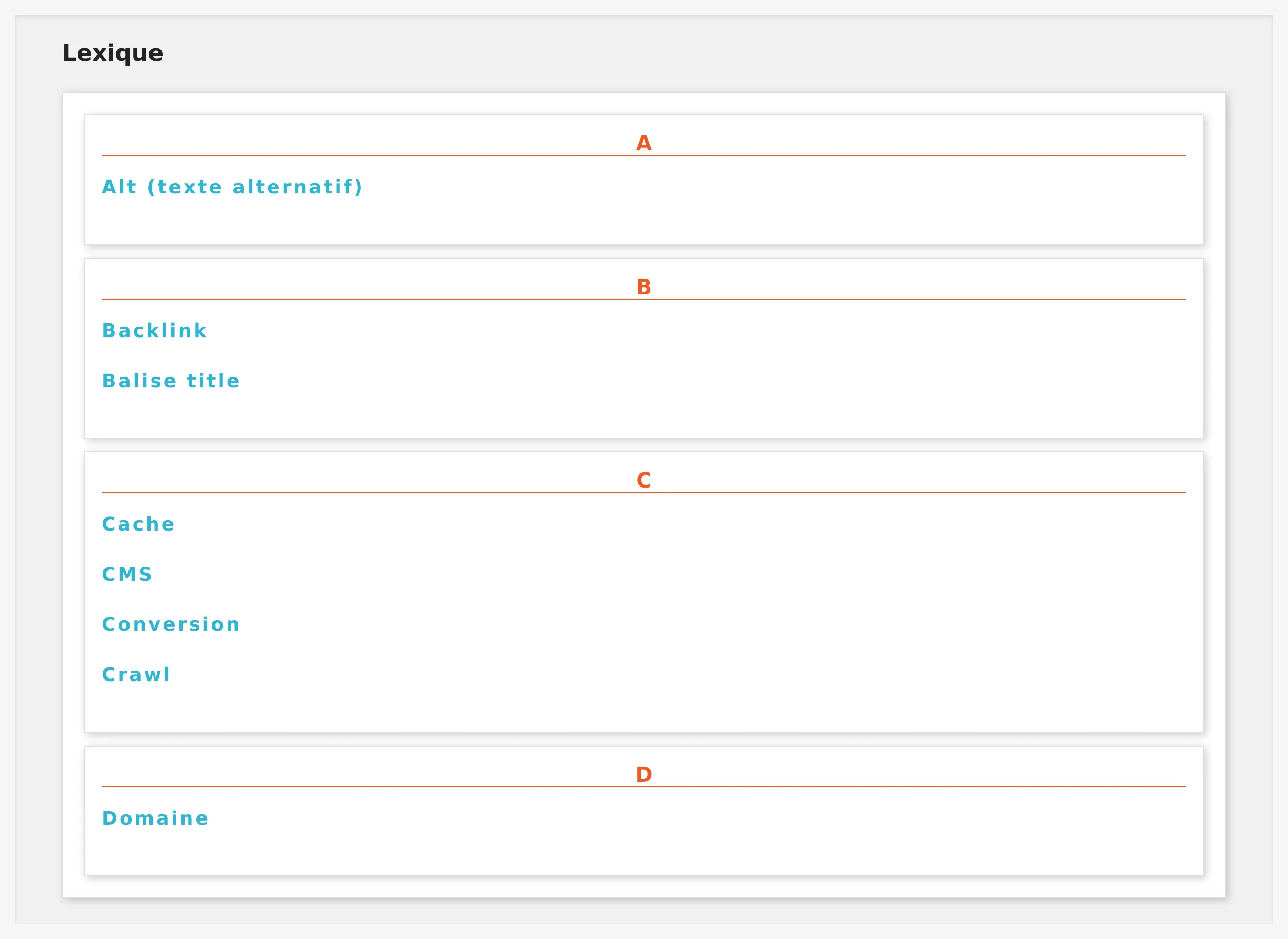 Page Lexique PrestaShop : termes regroupés par lettre dans des cartes, extrait des lettres A à D.
