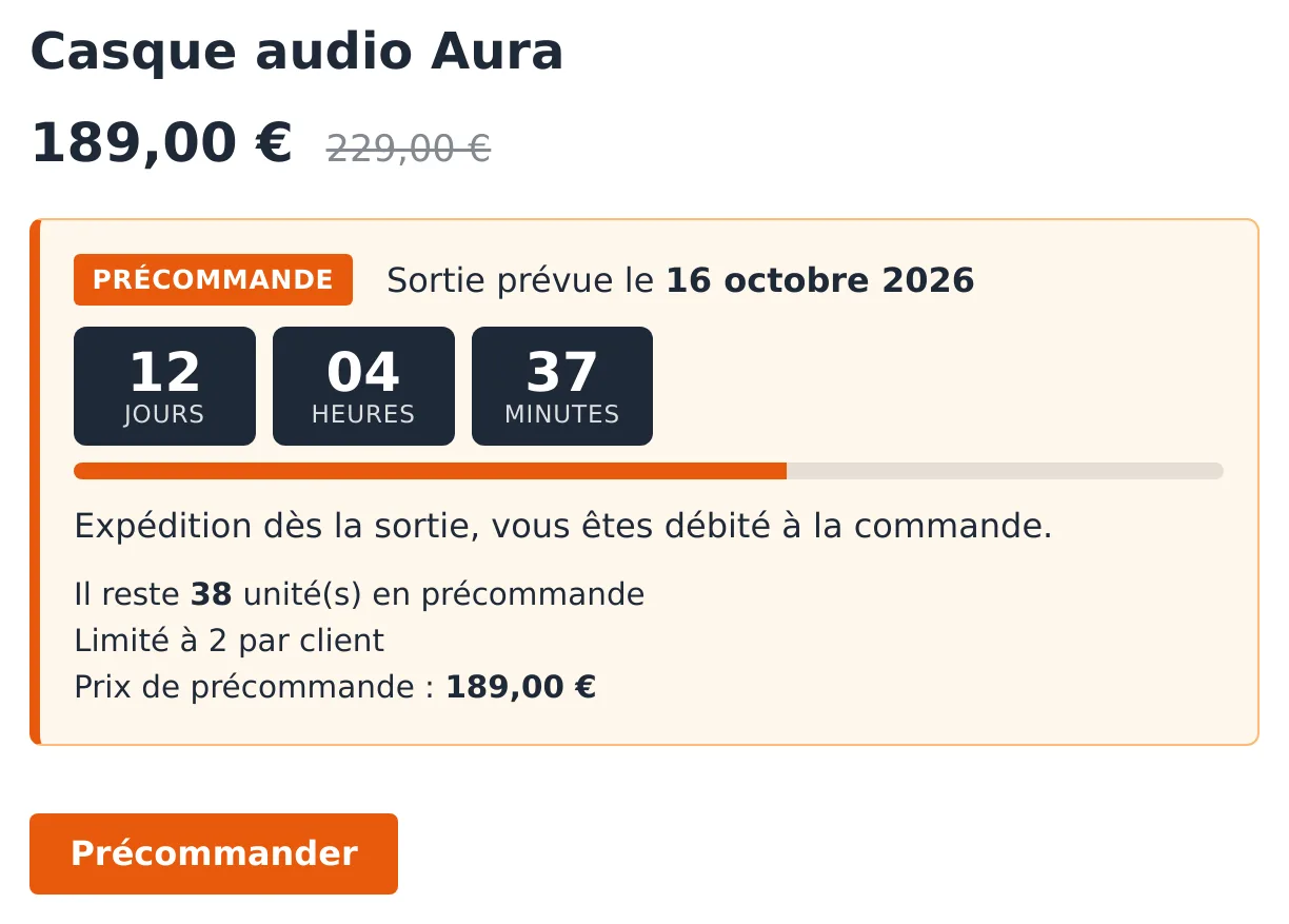 Bloc de précommande sur une fiche produit : badge, date de sortie, compte à rebours, barre de progression, quota et bouton Précommander
