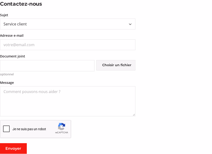 Formulaire « Contactez-nous » d'une boutique PrestaShop de démonstration : sujet, adresse e-mail, document joint, message, case reCAPTCHA « Je ne suis pas un robot » et bouton Envoyer.