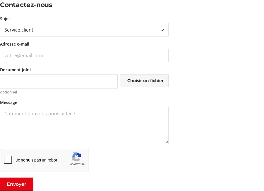 Formulaire « Contactez-nous » d'une boutique PrestaShop de démonstration : sujet, adresse e-mail, document joint, message, case reCAPTCHA « Je ne suis pas un robot » et bouton Envoyer.