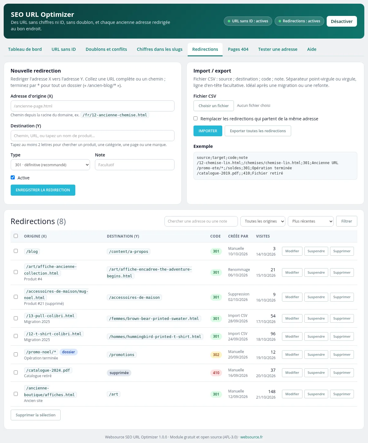 Redirections de X vers Y : formulaire avec recherche de la destination par nom, import CSV et liste des redirections avec leurs visites