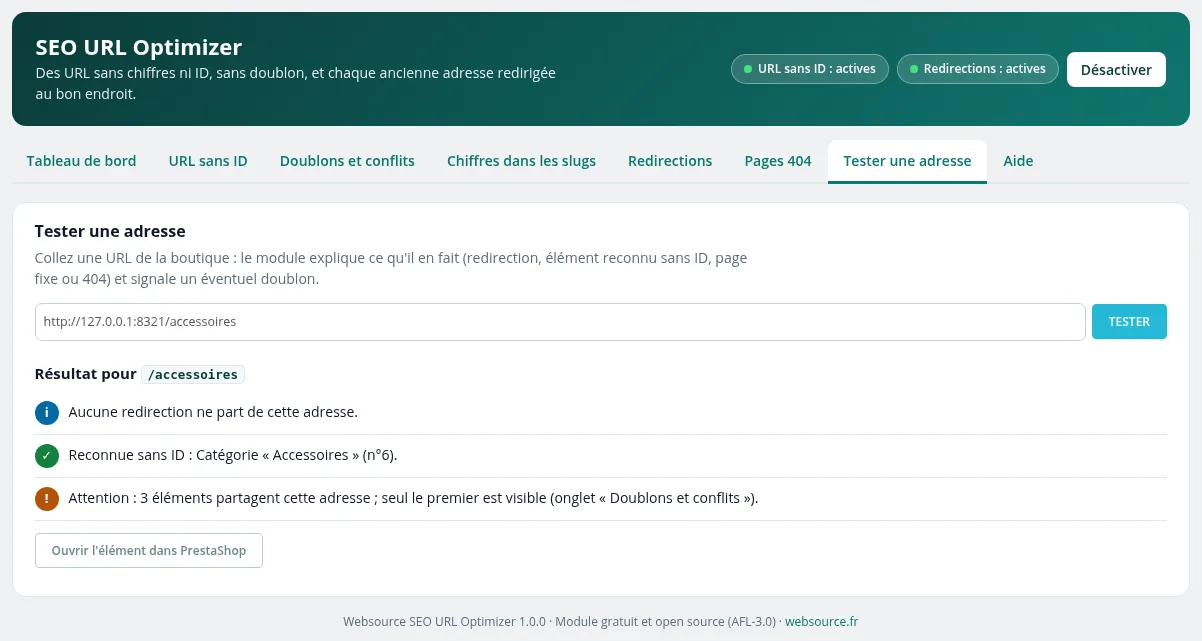 Testeur d'adresse : adresse reconnue sans ID et alerte de doublon