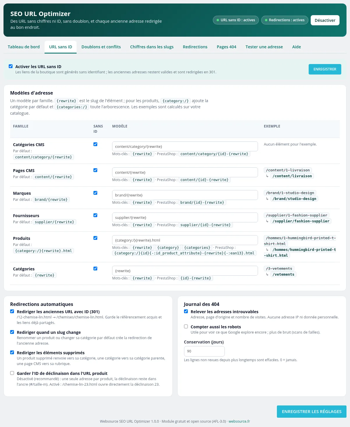 Réglages des URL sans ID : modèle d'adresse par famille avec exemple avant/après, redirections automatiques et journal des 404