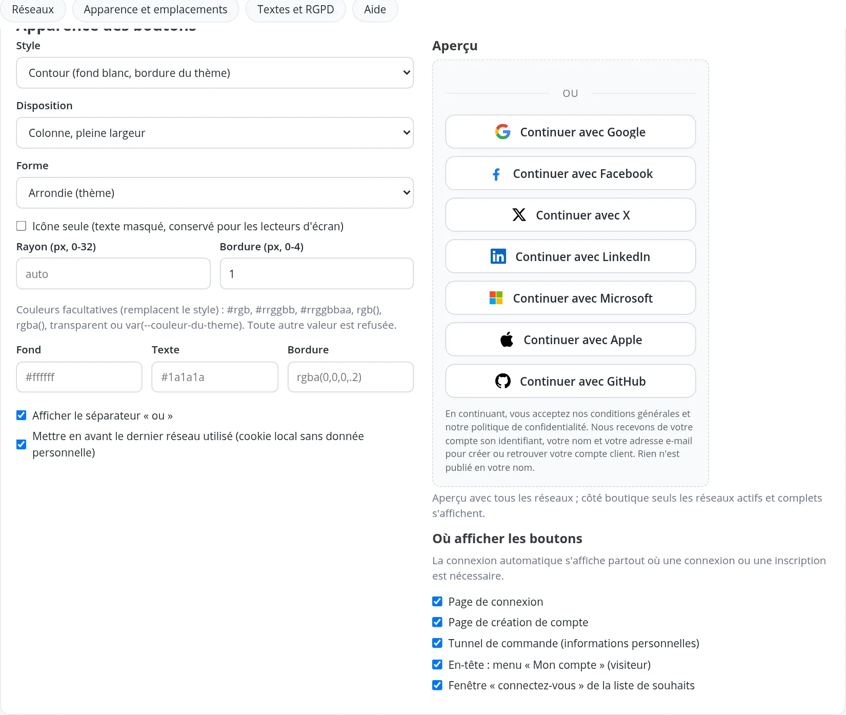 Réglages d'apparence et emplacements des boutons