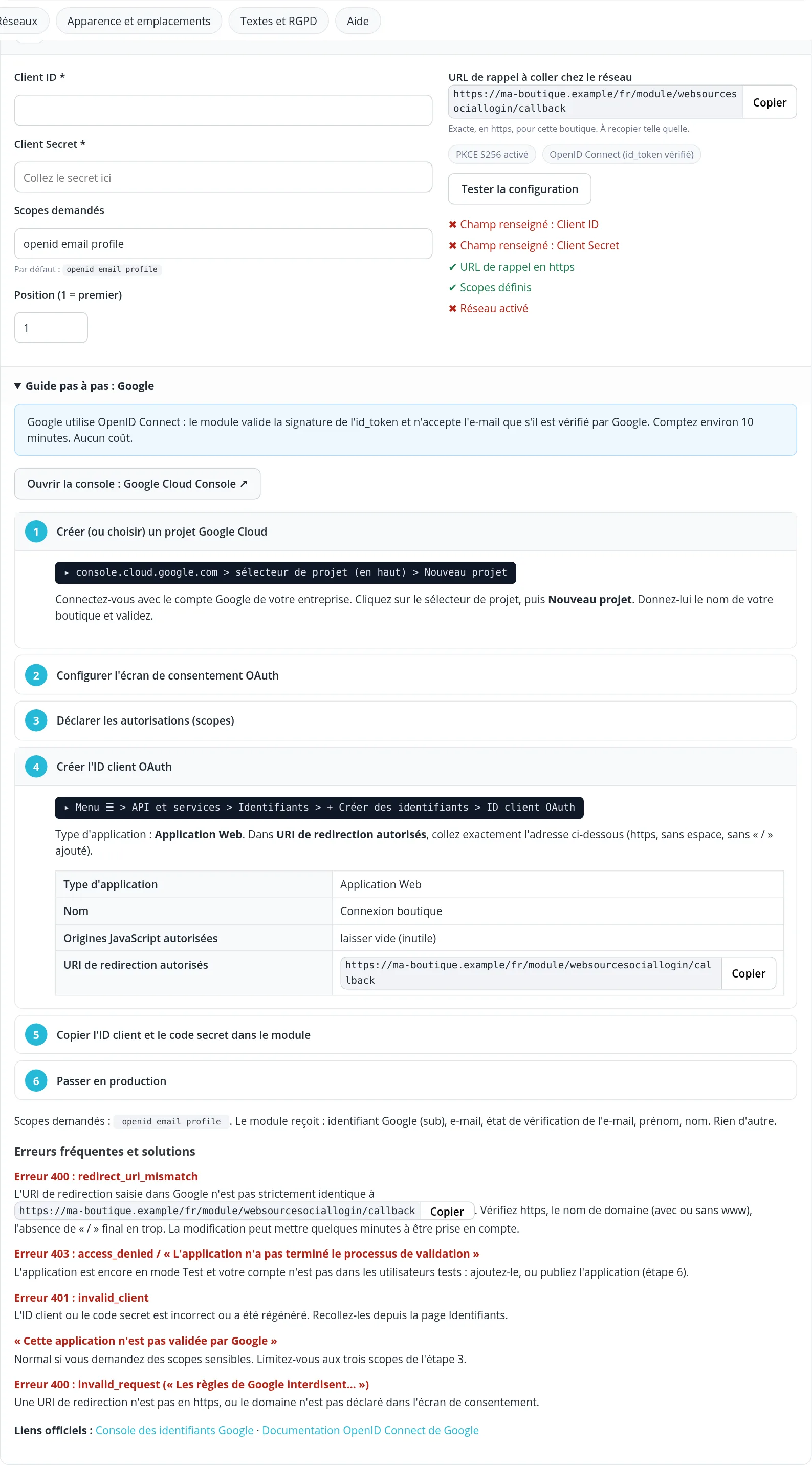 Guide pas à pas Google intégré au back-office PrestaShop