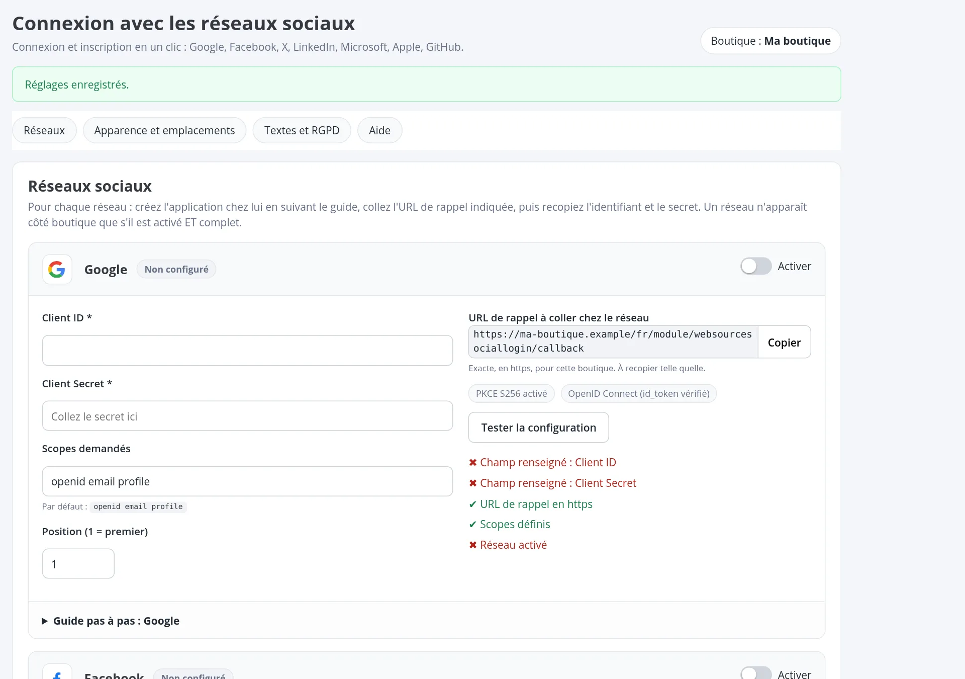 Écran de configuration de Websource Social Login : une carte par réseau, URL de rappel à copier, test de configuration