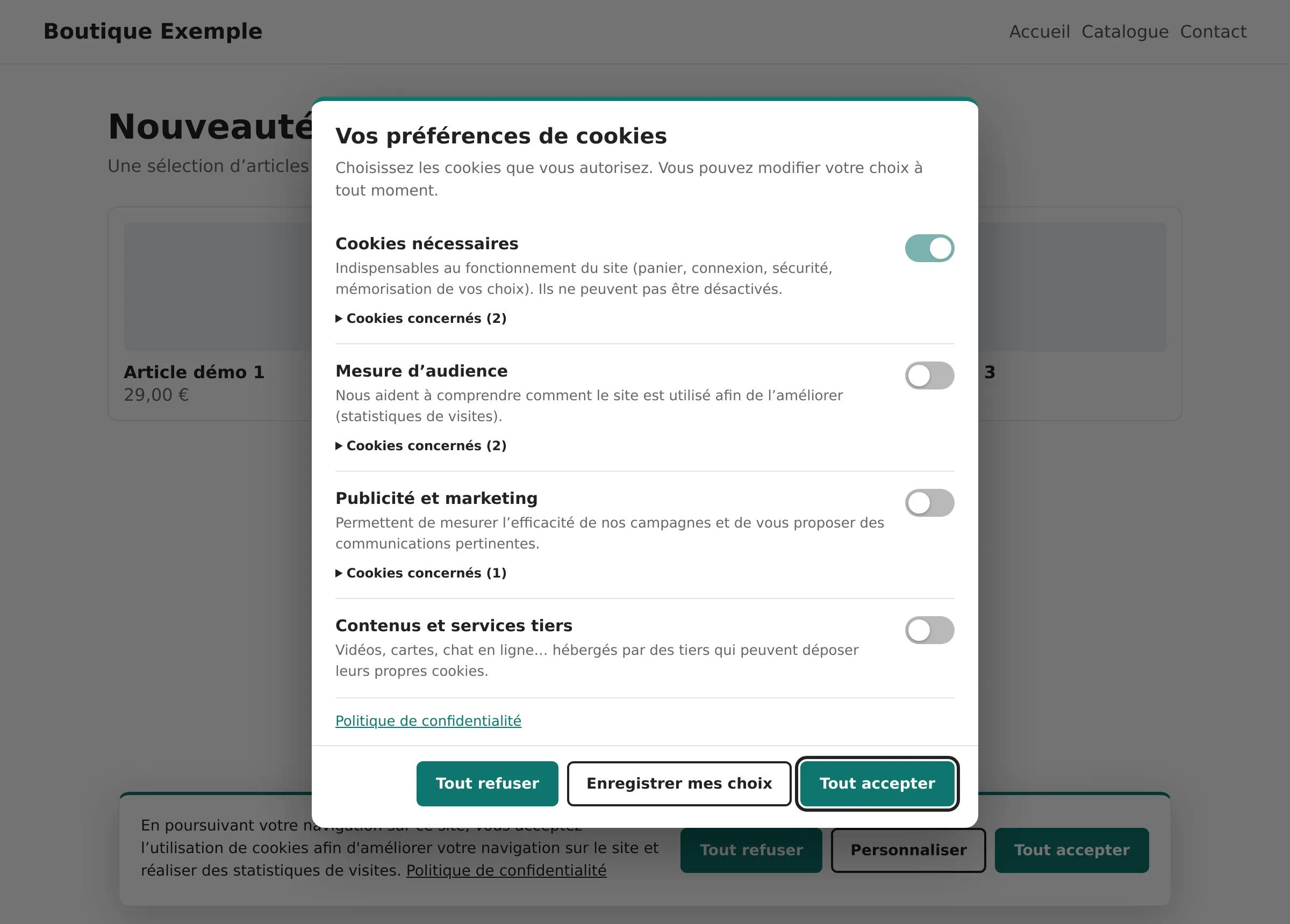 Fenêtre de préférences de cookies avec quatre catégories, interrupteurs, détail des cookies concernés et lien vers la politique de confidentialité.