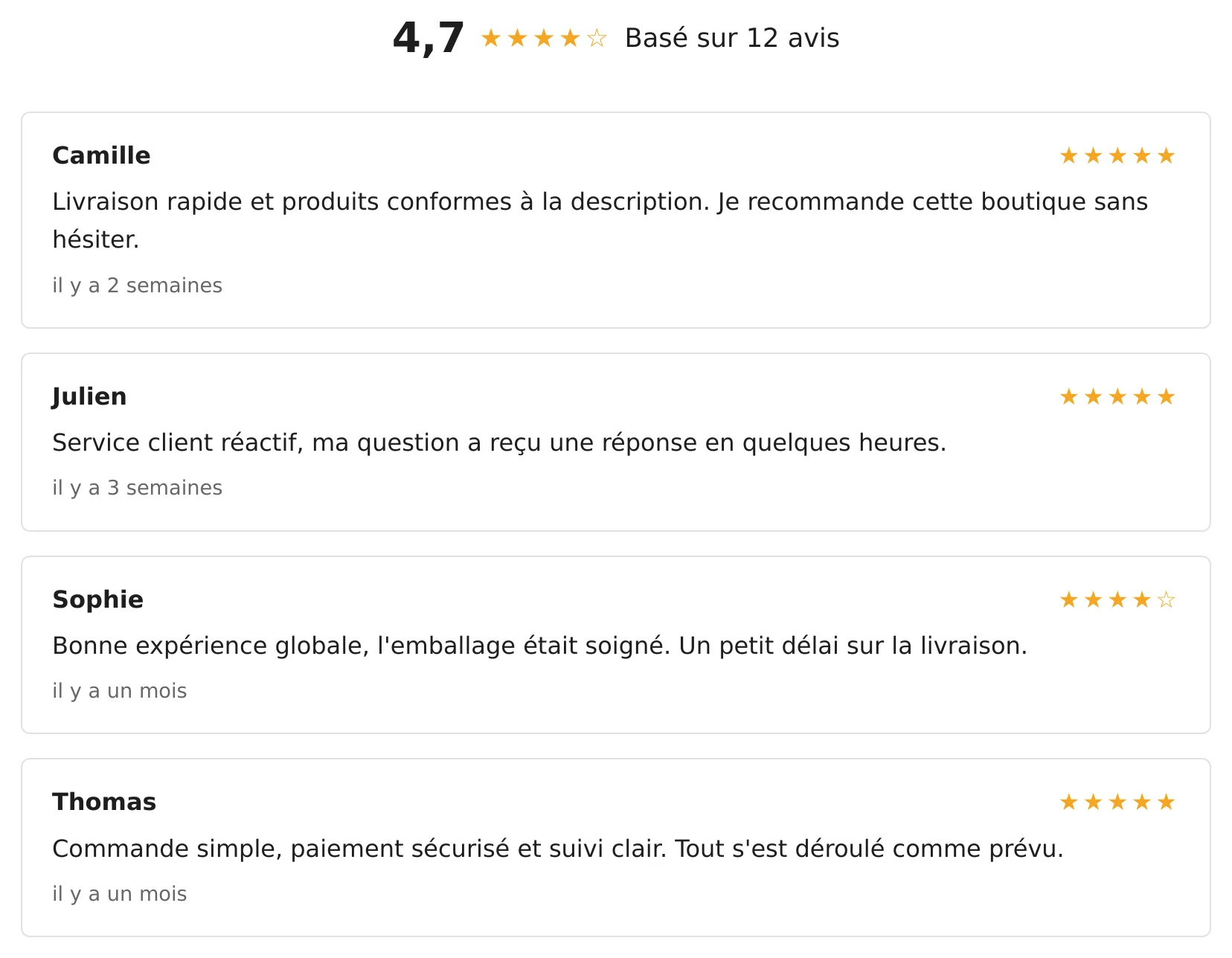Liste d'avis WordPress affichée par le shortcode : note moyenne, nombre d'avis et cartes d'avis de démonstration.