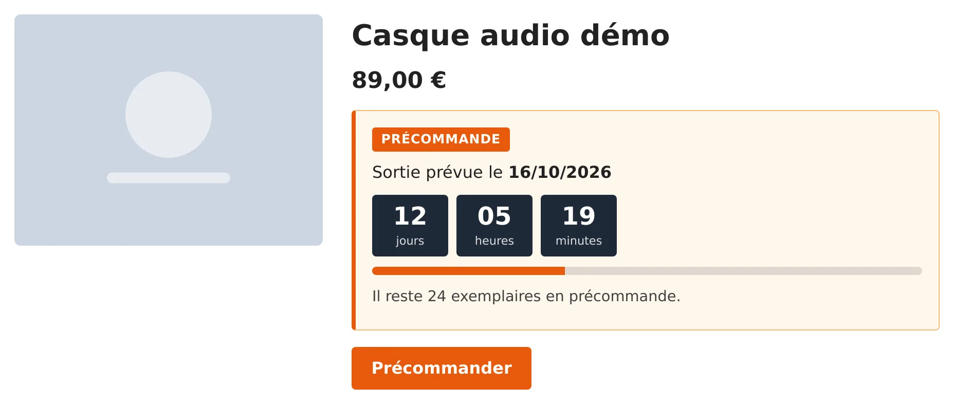 Fiche produit WooCommerce de démonstration avec le bloc de précommande : badge, date de sortie, compte à rebours, barre de progression et quantité restante.
