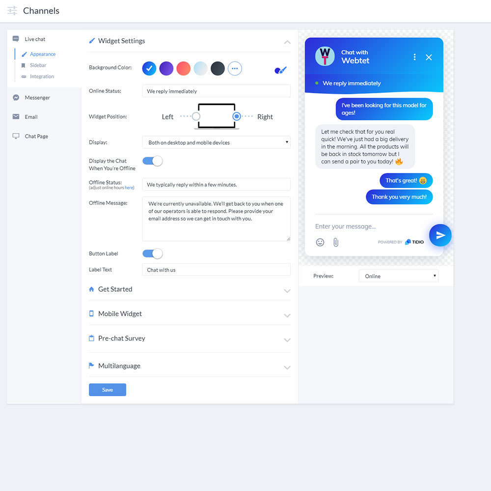 Module Tidio Live chat, Bots and Messenger