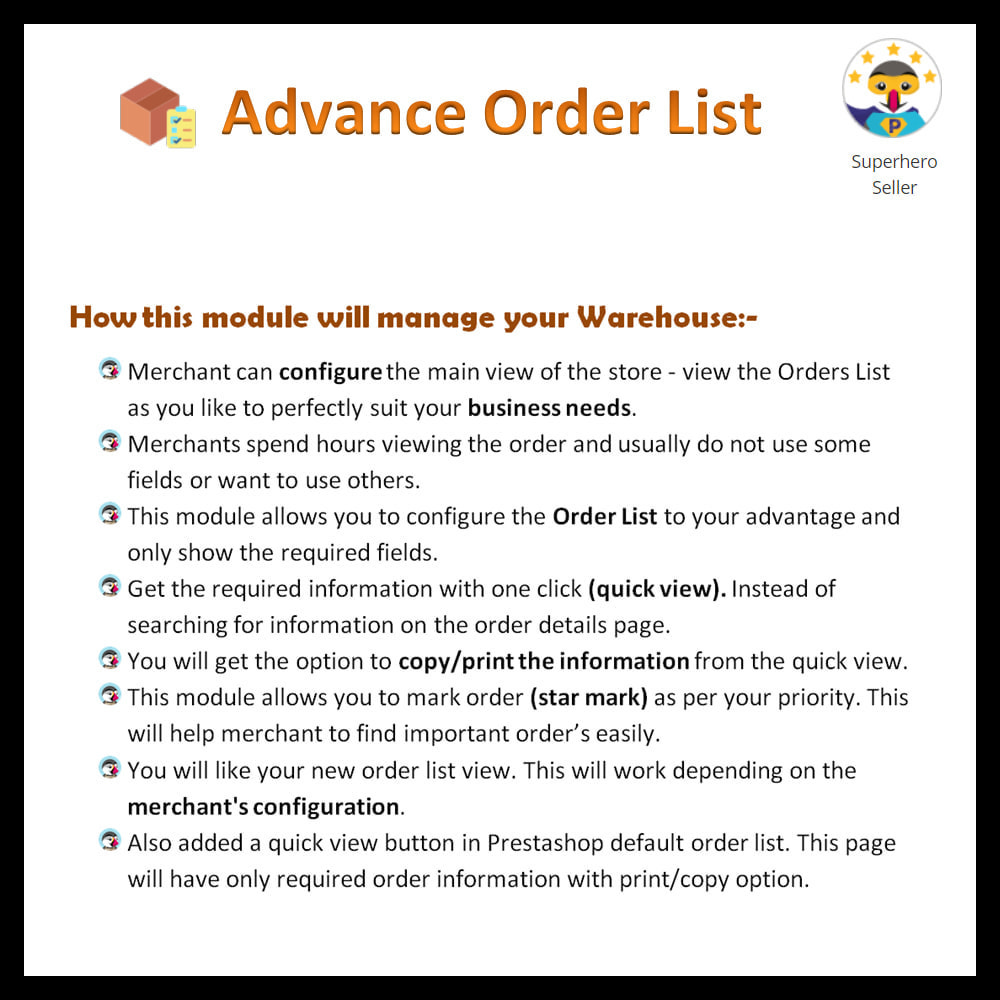 Module Advance order list-configurable/ fast view