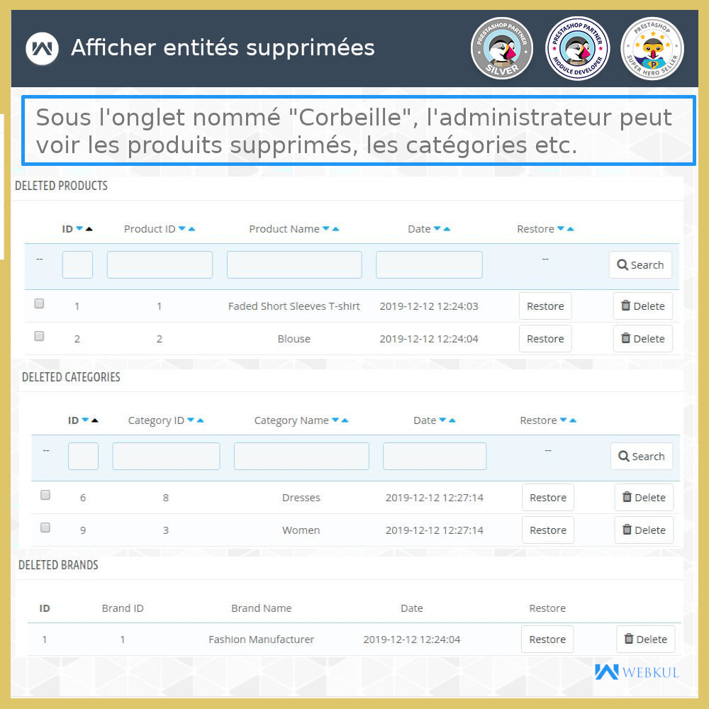 Module Restaurer les Données Supprimées - Produits et Plus