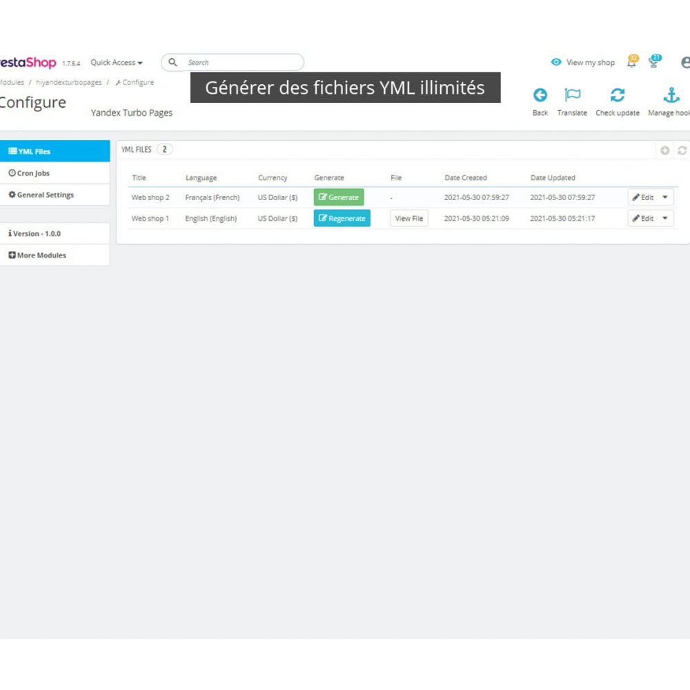 Module Exportation YML pour les pages turbo Yandex