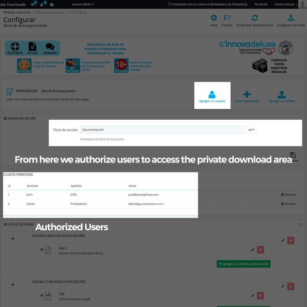 Module Private download zone for authorized customers