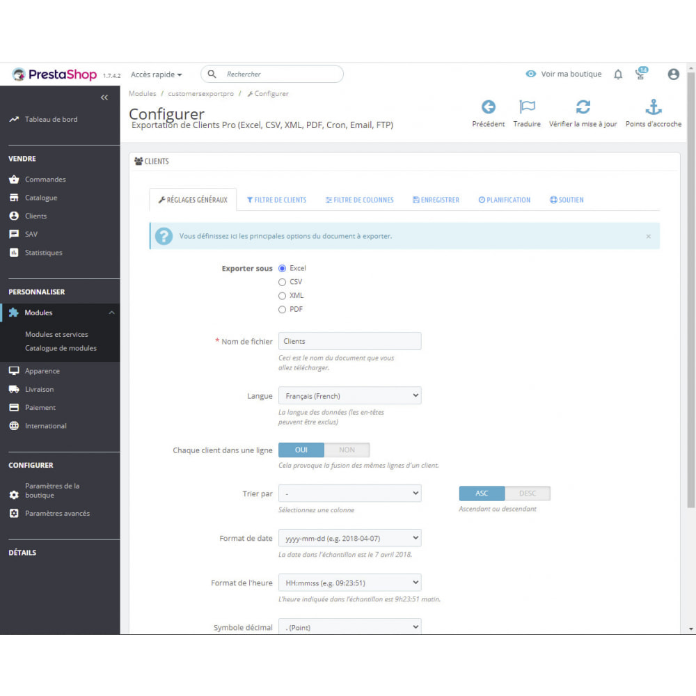 Module Exportation de Clients PRO (Excel, CSV, XML, PDF)