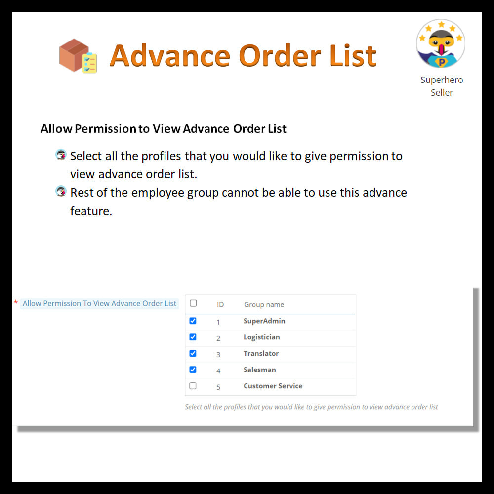 Module Advance order list-configurable/ fast view