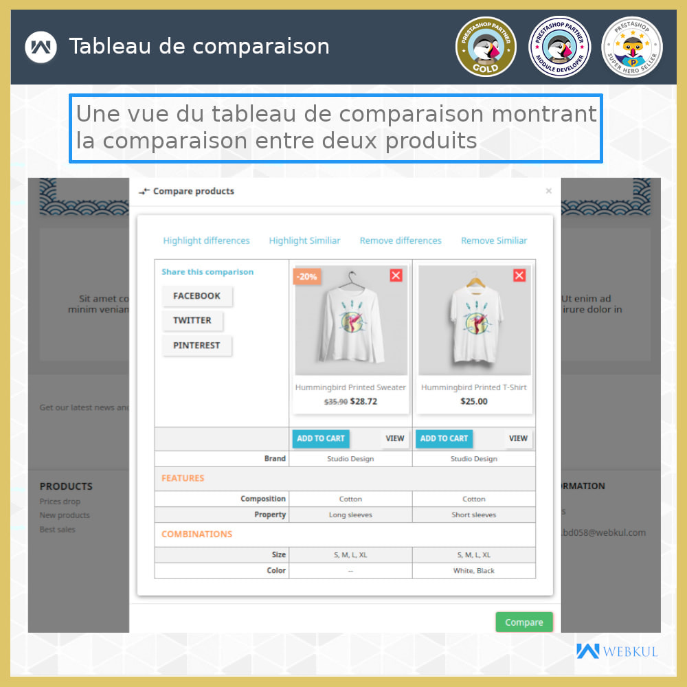 Module Comparaison produits | Comparer attributs et traits