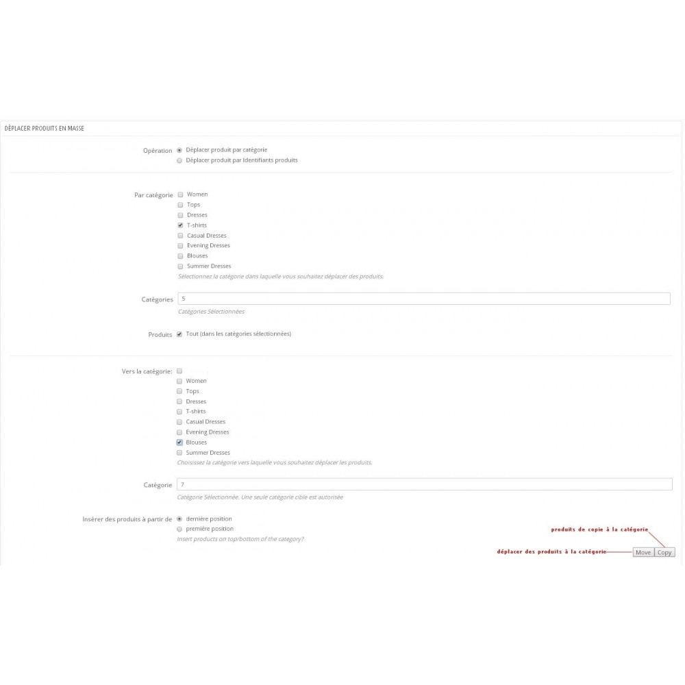 Module Déplacement en masse de Produits parmi les Catégories