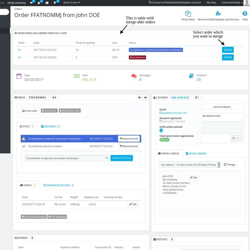 Module Orders Merge - join orders from the same customer