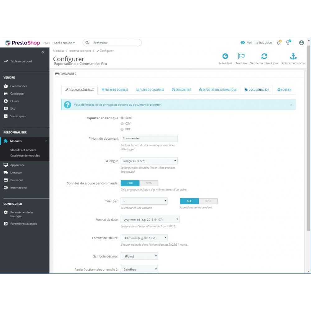 Module Exportation de Commandes PRO (Excel, CSV, XML, PDF)