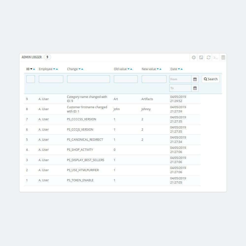 Module Admin logger - logs admin actions in the back office