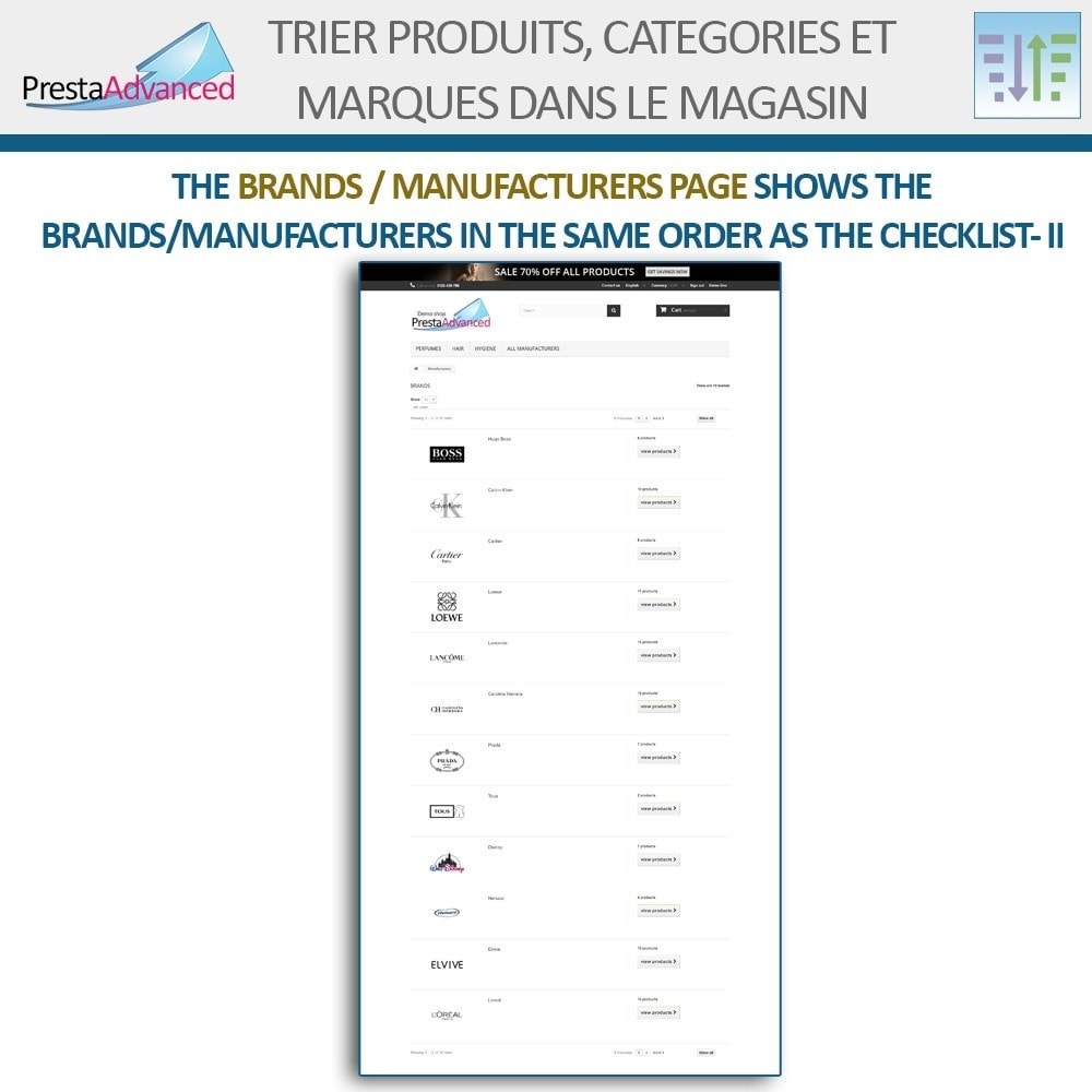 Module Tri de produits, catégories et marques dans le magasin