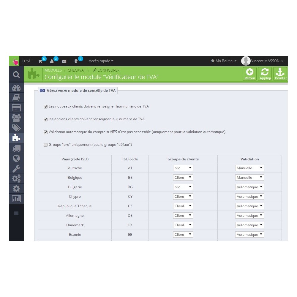 Module TVA Intracommunautaire et groupe de client