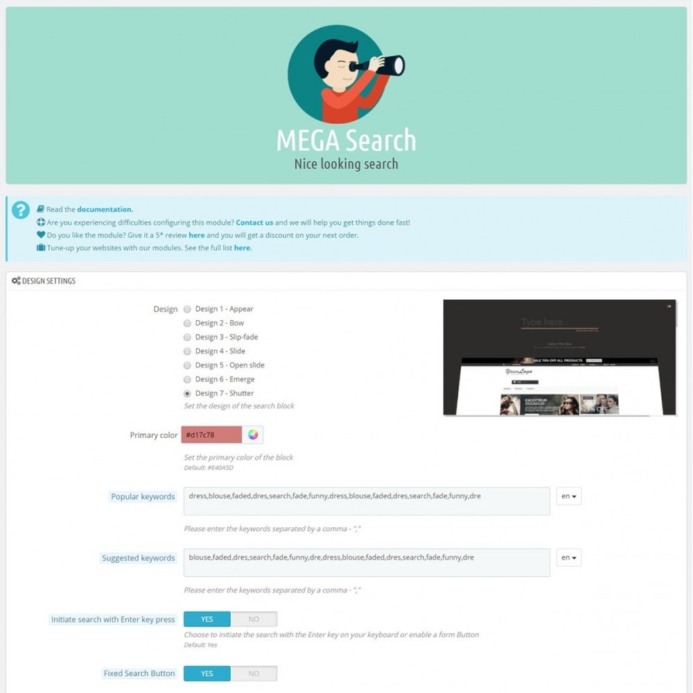 Module MEGA Search - Bloc de recherche de conception multiple