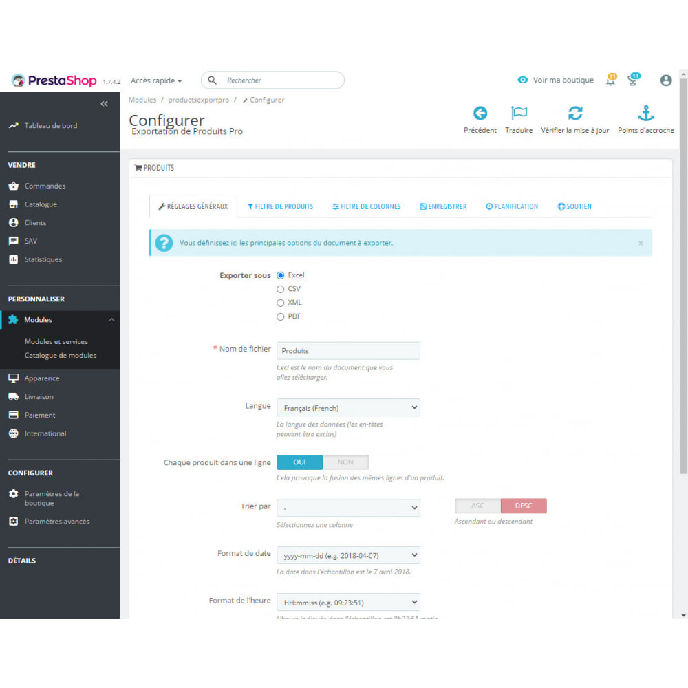 Module Exportation de Produits PRO (Excel, CSV, XML, PDF)