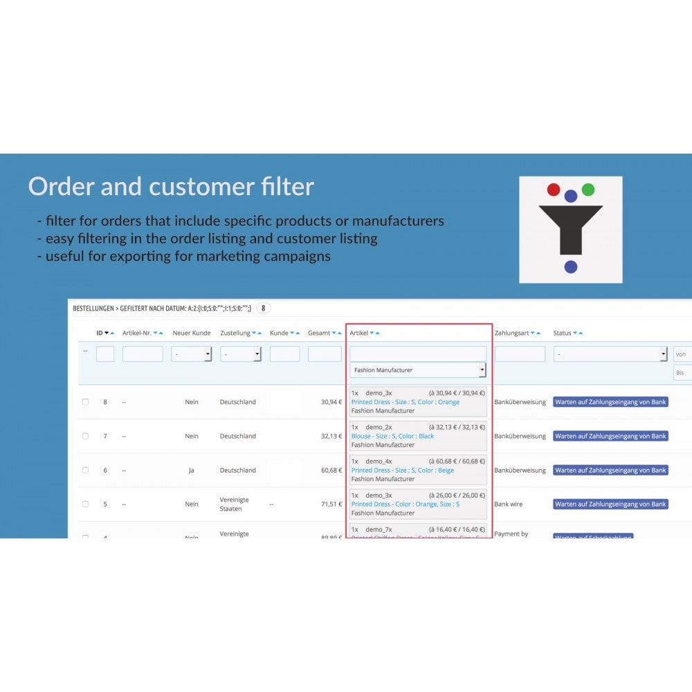 Module Order and customer filter