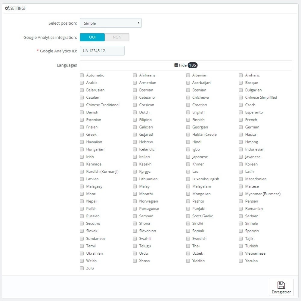 Module Google Translate 105 Languages & Google Analytics
