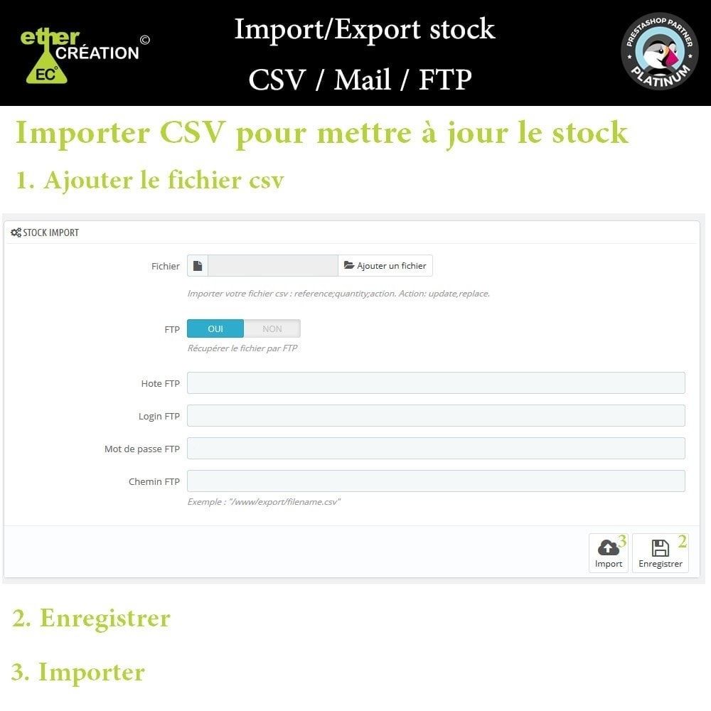 Module Import/Export stock en masse CSV / Mail / FTP