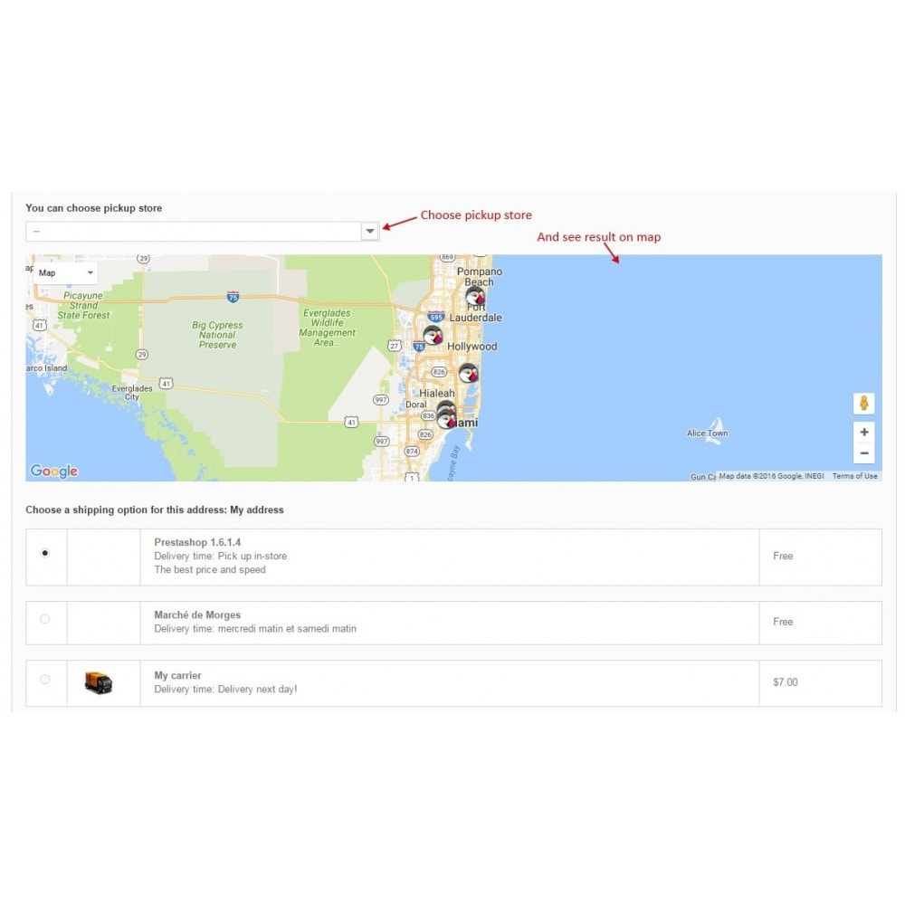 Module Pickup in store / Choose store delivery on map