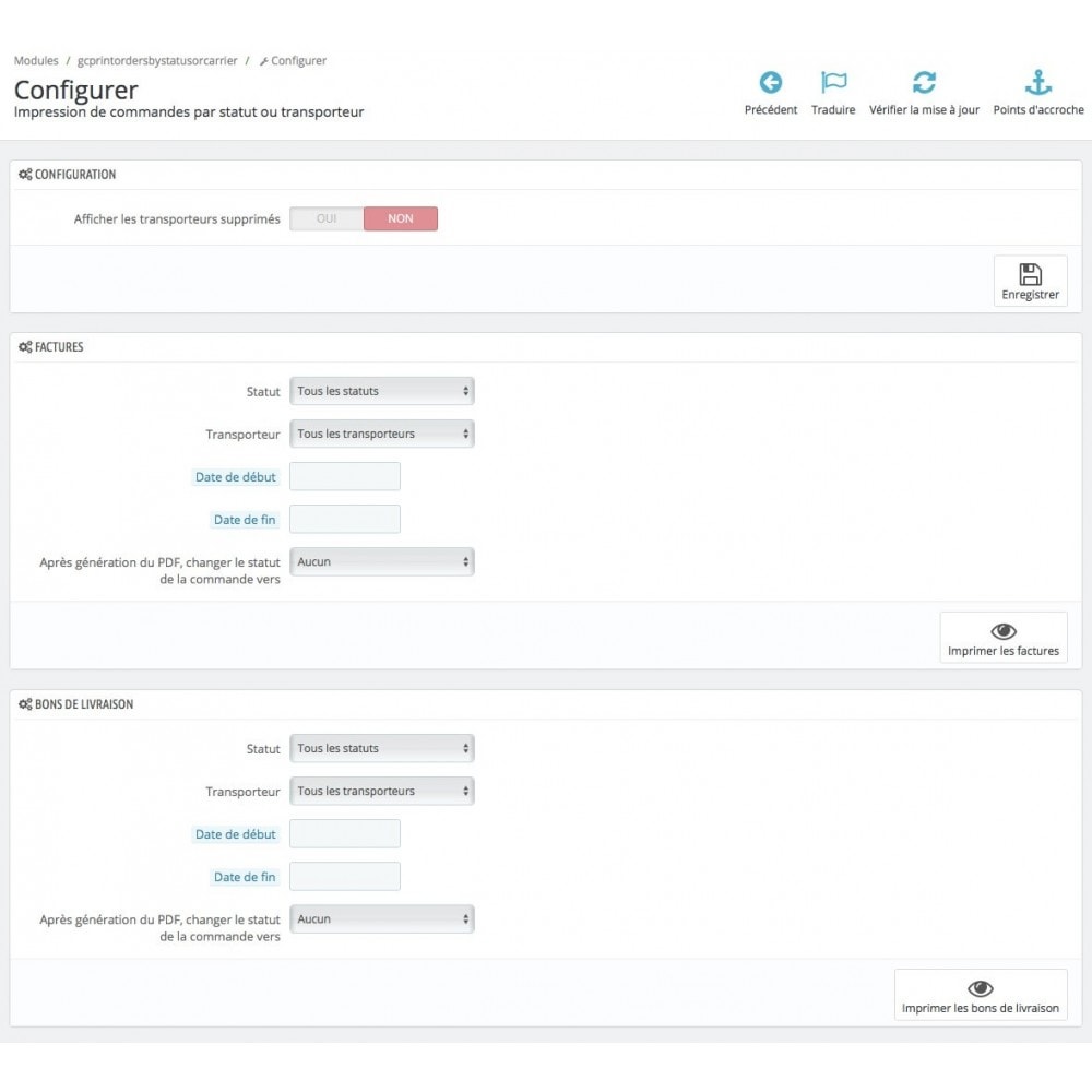 Module Impression de commandes par statut et transporteur